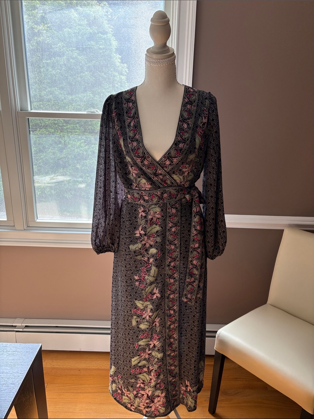 Max Studio Black Midi Wrap Dress with Pink Floral Trim